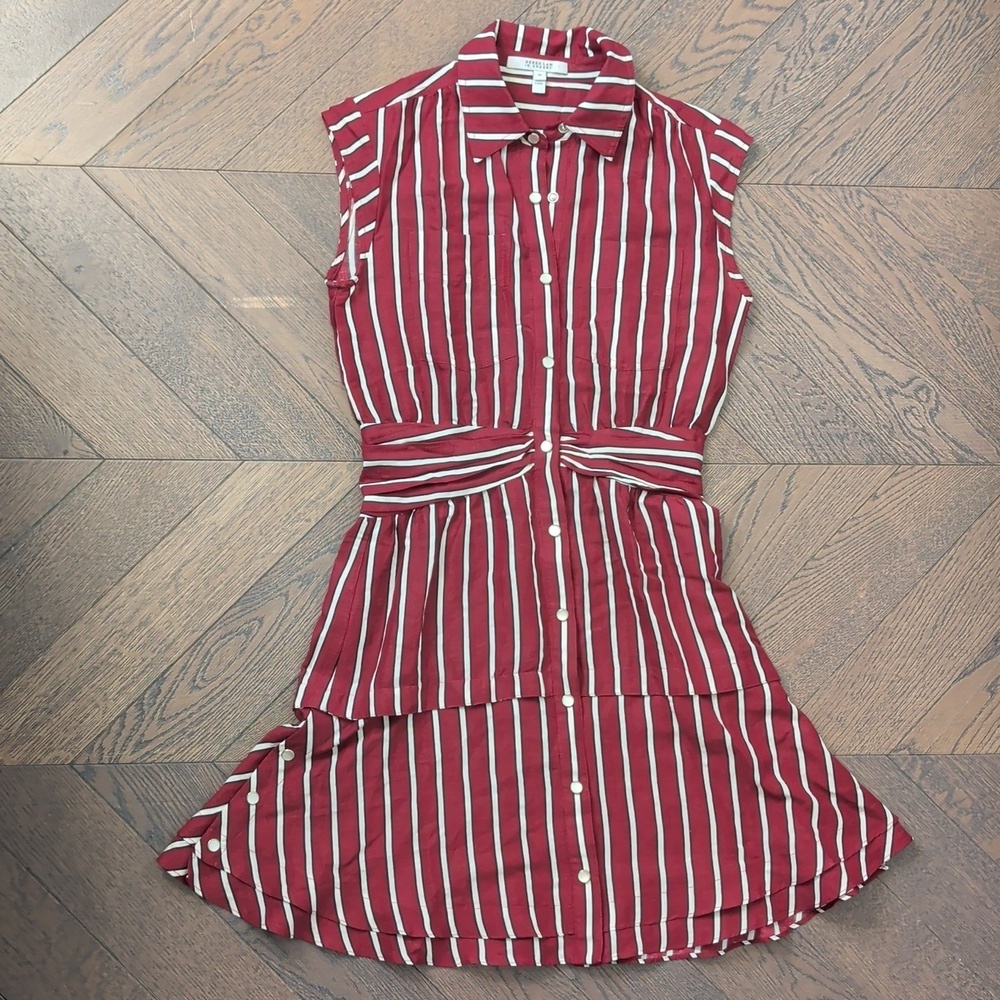 Derek Lam 10 Crosby Red Striped Dress, Size 00 — Short Sleeve Flare Shirt Dress